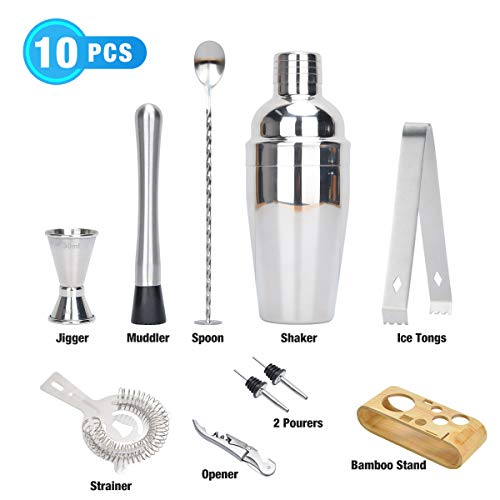 Cocktail Shaker Set, Songway Set de 10 piezas para hacer cócteles Juego de herramientas de barra de acero inoxidable Kit de barman con soporte de madera para principiantes o profesionales