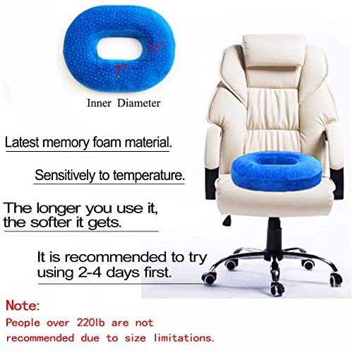 Cojín de espuma viscoelástica para asiento de donut reduce la presión, ideal para personas con hemorroides y pilas, dolor de coxis, postnatal y postcirugía, alivio del dolor y cómodo, color azul