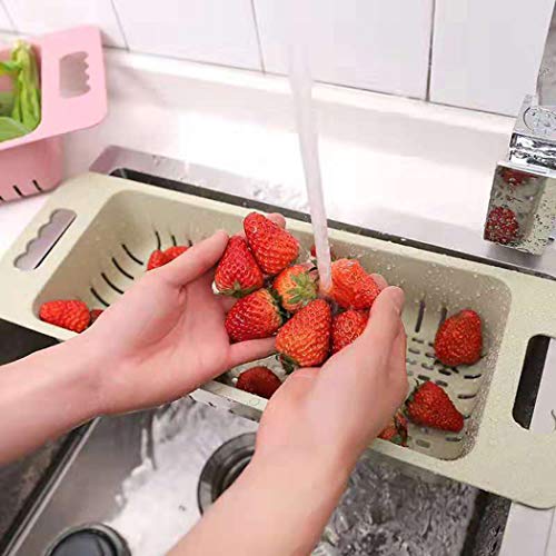 Colador de desagüe para fregadero de cocina, 2 paquetes de colador ahorrador de espacio con asas extensibles, adecuado para la mayoría de los canales, para escurrir, frutas, pastas, vegetales,Rosado