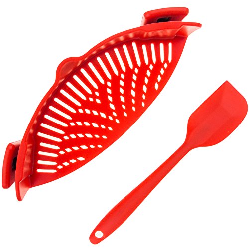 Colador de Olla con Clip de Cocina. Lo Mejor para filtrar Pasta, Grasa, Huevos, arroz, Frutas y Verduras - Materiales aprobados por LFGB sin BPA - Incluye espátula de Silicona Correspondiente