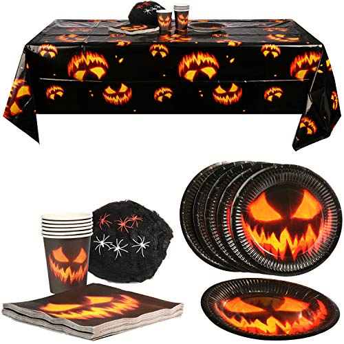 com-four® 32 piezas Juego de deco de Halloween con tela de araña, arañas, tazas, platos, servilletas y manteles para Halloween, carnaval y fiestas temáticas (032 piezas - set de Halloween)