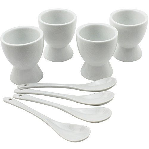 com-four® 8 piezas Juego de tazas de huevo de porcelana - tazas y cucharas de huevo en blanco (08 piezas)