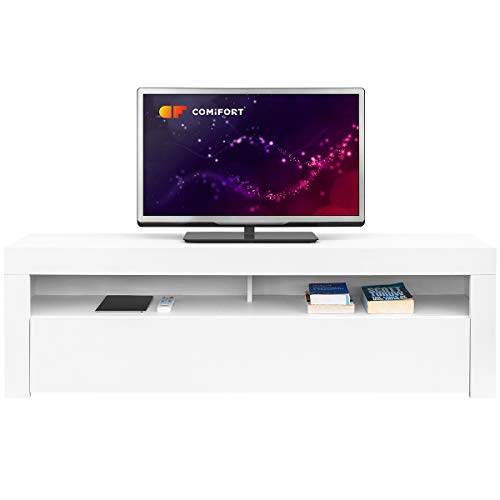 Comifort AP84B – Mueble TV Salón Moderno Mesa Televisión, Colores: Blanco, Blanco/Roble, Roble, Medidas: 160x35x50 Cm (Blanco)