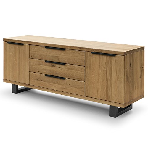 COMIFORT Aparador de Madera Maciza - Mueble para Salón Moderno, Estilo Minimalista, Cómoda de Almacenaje con Cajonera de 2 Puertas y 3 Cajones, Color Roble Ahumado