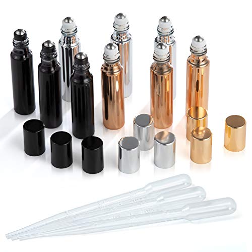 Comius Sharp 9 pcs 10ml 3 Colores Botellas divididas con láser Evite la luz, Botellas de Rodillos de Aceite con 3 goteros, Botellas de Perfume Ideal para el hogar, Viajes, Uso de fragancias