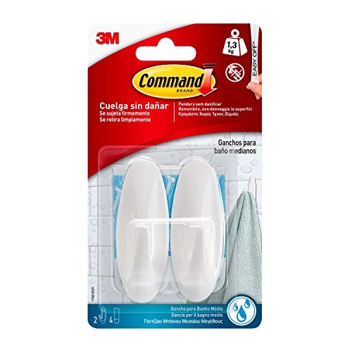 Command W17081 Pack de 2 ganchos resistente al agua, diseño mediano, Blanco, Set de 2 Piezas