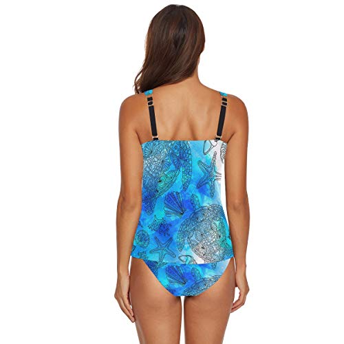 Conjunto de tankini halter para mujer, acuarela de tortuga marina, concha de algas, estrellas de mar, coral azul y turquesa, traje de baño bikini de 2 piezas Multicolor multicolor M