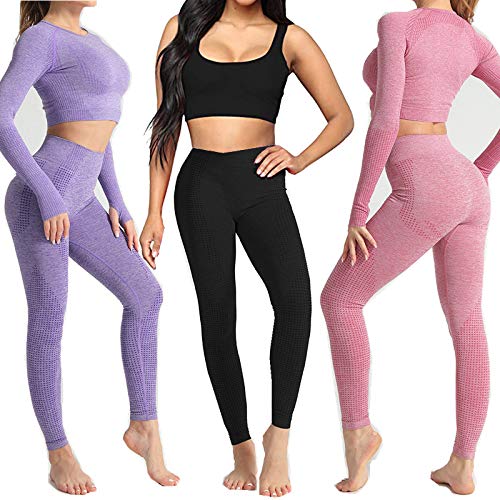 Conjunto Yoga 3 Piezas Ropa Fitness , Pantalones De Yoga Súper Elásticos Sin Costuras+Bralette Para Mujer+Camiseta Deportiva De Manga Larga Sin Costuras Mujer Negro ( M