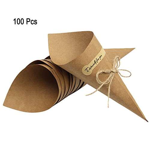 Conos arroz Boda, Gosear 100 Piezas Retro Kraft Papel papel kraft cono Conos Ramo Caramelo Pantalón Cajas Boda Fiesta Regalos Embalaje con Cuerda de Cáñamo, Cinta de Doble Cara, Etiqueta Adhesiva