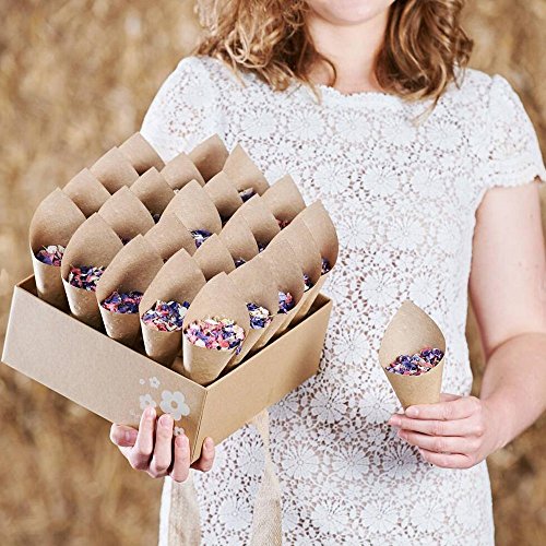 Conos arroz Boda, Gosear 100 Piezas Retro Kraft Papel papel kraft cono Conos Ramo Caramelo Pantalón Cajas Boda Fiesta Regalos Embalaje con Cuerda de Cáñamo, Cinta de Doble Cara, Etiqueta Adhesiva