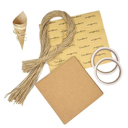 Conos arroz Boda, Gosear 100 Piezas Retro Kraft Papel papel kraft cono Conos Ramo Caramelo Pantalón Cajas Boda Fiesta Regalos Embalaje con Cuerda de Cáñamo, Cinta de Doble Cara, Etiqueta Adhesiva