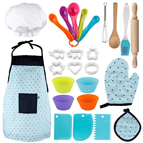 Coogam Juego de simulación de Cocina de 26 Piezas, Juegos de rol de Chef para cocinar y Hornear para niños con Delantal, Gorro de Chef, Cortador de Galletas, Tazas de Silicona para Hornear