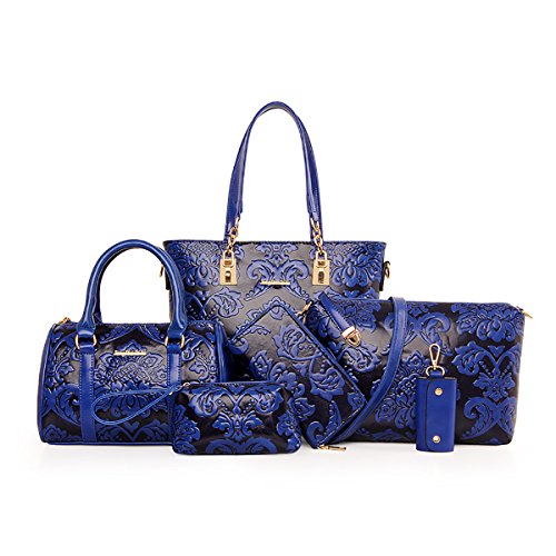 Coolives Conjunto de Bolso de Mano Clásica Flor Gofrado 6 Piezas para Mujer en Cuero de PU Azul