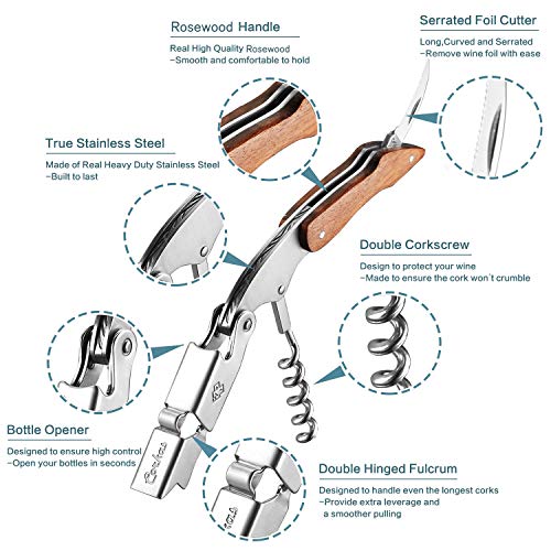 CORKAS Sacacorchos de Camarero, Abrebotellas, Sacacorchos Profesional, Foil Cortador, Sacacorchos Vino de Acero Inoxidable y con Cuchilla Cortacapsulas, Utensilios de Bar y Cocina