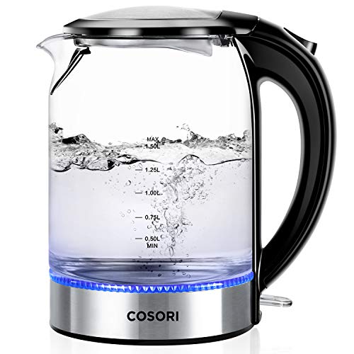 COSORI Hervidor de Agua Eléctrico de Cristal 1,5L/2200W, Libre de BPA, Luz Indicadora LED Azul, Auto Apagado y Protección contra Ebullición en Seco, Amplia Boca para Limpieza Fácil, Blanco