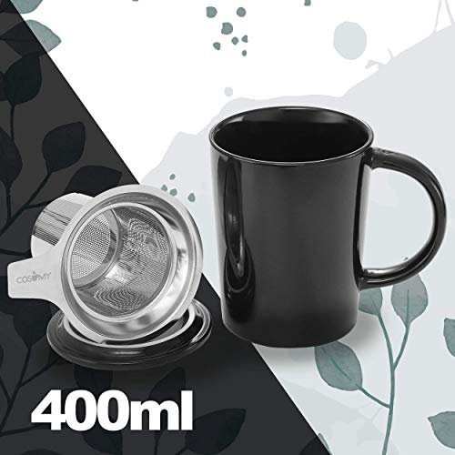 Cosumy - Taza de té con filtro y tapa (cerámica, 400 ml), color negro