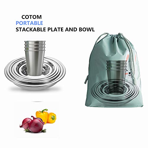 COTOM Platos De Acero Inoxidable, Cuencos, Tazas Y Platos De Especias. Juego de Camping (Juego de 24 Piezas) 3.5 Pulgadas a 8.6 Pulgadas. Uso al Aire Libre Incl. Bolsa de Viaje