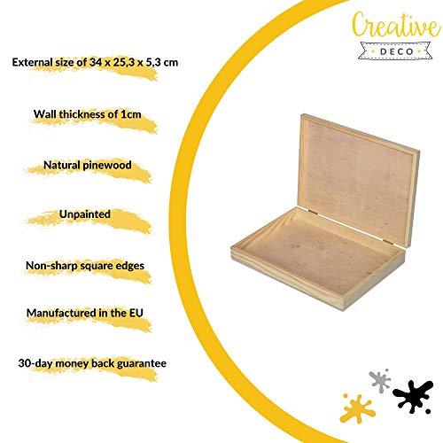 Creative Deco A4 Caja Madera para Decorar con Tapa | 34 x 25,3 x 5,3 cm | Documentos Decoración Papeles Cartas Almacenaje Decoupage Herramientas Objetos de Valor Juguetes