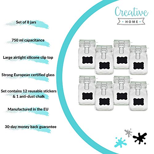 Creative Home 8 x Tarros de Cristal Herméticos con Tapa | 8 x 750ml | Set Botes Envases Cierre de Clip | para Conservar Alimentos | 12 Pegatinas Reutilizables + 1 Tiza Sin Polvo