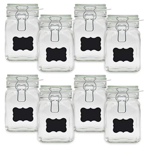 Creative Home 8 x Tarros de Cristal Herméticos con Tapa | 8 x 750ml | Set Botes Envases Cierre de Clip | para Conservar Alimentos | 12 Pegatinas Reutilizables + 1 Tiza Sin Polvo