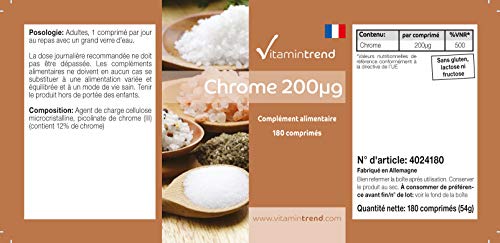 Cromo 200mcg – 180 comprimidos para ¡¡6 MESES!! – Picolinato de cromo – Sin estearato de magnesio – Mejora la síntesis de proteínas