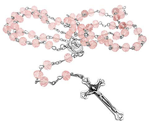 Crucifijo y cristal rosa luz granos rosario católico collar medalla de suelo Santo