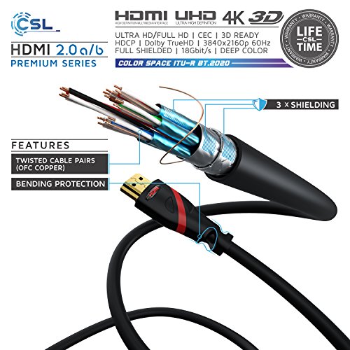 CSL - 1m Cable HDMI - Ultra HD 4k HDMI - Alta Velocidad con Ethernet - Full HD 1080p 4K Ultra HD 2160p 3D ARC y CEC - Cable de blindaje Triple - blindaje de Conector y contactos