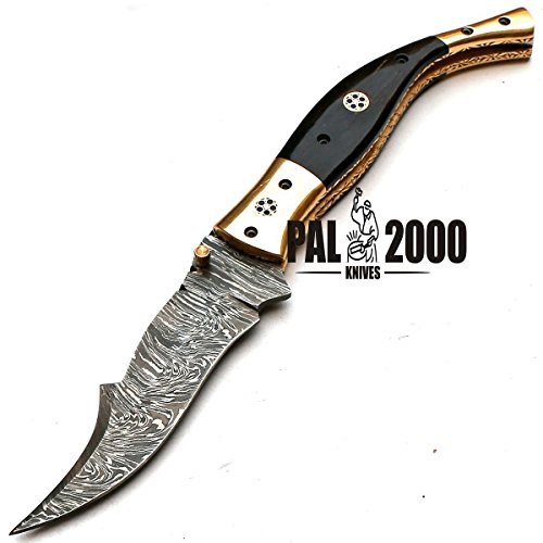 Cuchillo de Damasco con hoja de acero de Damasco 8735, hecho a mano, cuchillo de colección, navaja plegable, cuchillo de caza, con funda de cuero