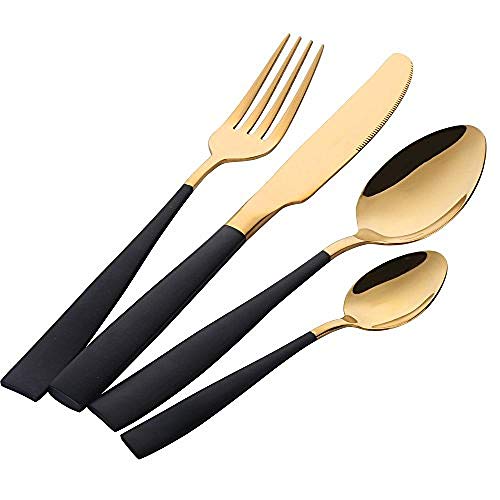 Cutlery Set 24 Piece Stainless Steel Flatware Set for 6 Silverware Knives and Forks Dinner Spoons Teaspoons@Black-Gold_X8-M2Y