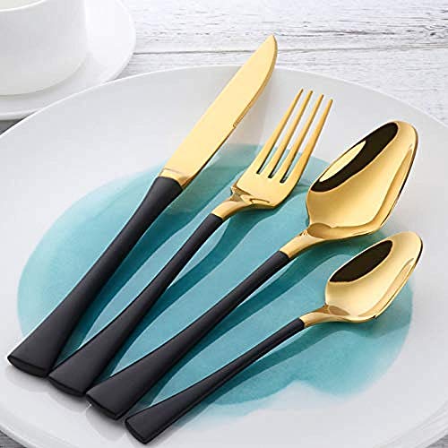 Cutlery Set 24 Piece Stainless Steel Flatware Set for 6 Silverware Knives and Forks Dinner Spoons Teaspoons@Black-Gold_X8-M2Y