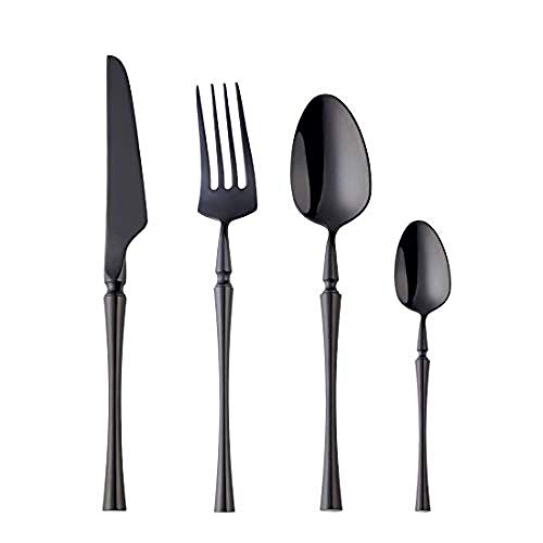 Cutlery Set 24 Piece Stainless Steel Flatware Set for 6 Silverware Knives and Forks Dinner Spoons Teaspoons@Black-Gold_X8-M2Y