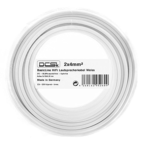 DCSk – 10m - 2 x 4mm² - Cable para Altavoces – Cable OFC para Altavoces, Adecuado para Altavoces de Coche, Cobre Puro sin oxígeno 99.99%, Blanco