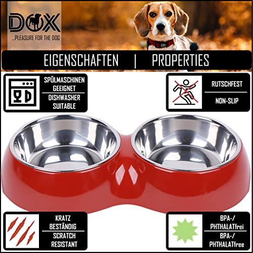 DDOXX Comedero Doble Perro, Antideslizante | Muchos Colores y Tamaños | para Perros Pequeño, Mediano y Grande | Bol Accesorios Acero INOX-Idable Melamina Gato Cachorro | Rojo, 2 x 160 ml