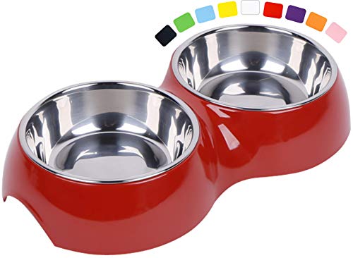 DDOXX Comedero Doble Perro, Antideslizante | Muchos Colores y Tamaños | para Perros Pequeño, Mediano y Grande | Bol Accesorios Acero INOX-Idable Melamina Gato Cachorro | Rojo, 2 x 160 ml