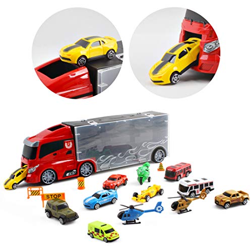 deAO Camión Transportador Maletín Portacoches Conjunto Playset Incluye Surtido Total de 10 Vehiculos y Accesorios