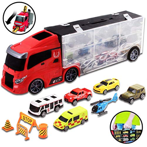 deAO Camión Transportador Maletín Portacoches Conjunto Playset Incluye Surtido Total de 10 Vehiculos y Accesorios