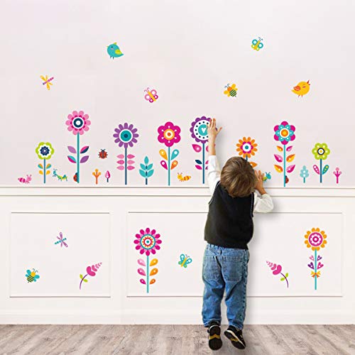 decalmile Pegatinas de Pared Jardín de Flores Vinilos Decorativos Mariposas Floral Rodapié Adhesivos Pared Habitación Infantiles Niña Dormitorio Salón