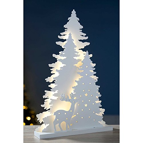 Decoración de Navidad WeRChristmas para Mesa, Escena preiluminada con árbol y Renos, de Madera, 46 cm, Color Blanco