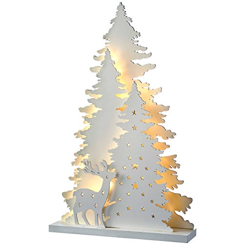 Decoración de Navidad WeRChristmas para Mesa, Escena preiluminada con árbol y Renos, de Madera, 46 cm, Color Blanco