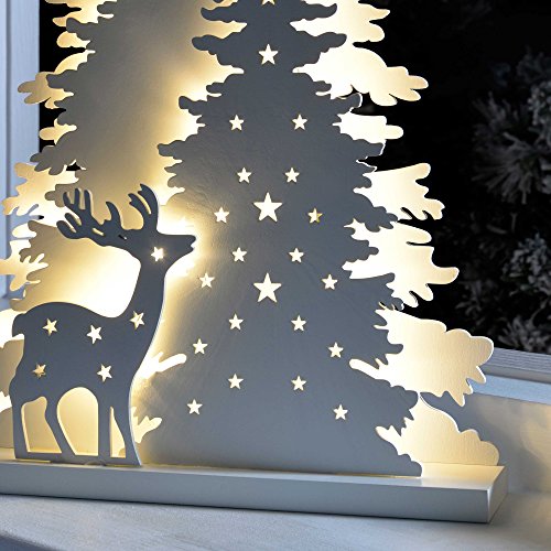 Decoración de Navidad WeRChristmas para Mesa, Escena preiluminada con árbol y Renos, de Madera, 46 cm, Color Blanco