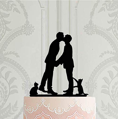 Decoración para tarta de boda gay con gatos y novio con mascotas