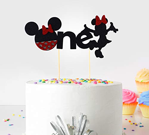 Decoración para tarta de primer cumpleaños Small (Minnie Mickey Mouse) - One - With Double Sided Glitter Stock