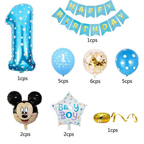 Decoraciones de Cumpleaños de Mickey Mouse, BESTZY 1er Cumpleaños Bebe Azul Globos Decoraciones de Fiesta Temática Azul de Mickey Globos de Confeti de Latex Boy