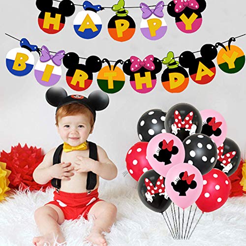 Decoraciones de cumpleaños de Mickey Mouse - WENTS 57PCS Banner de Happy Birthday adorno de pastel Globos de lunares para la fiesta temática de Mickey Mouse