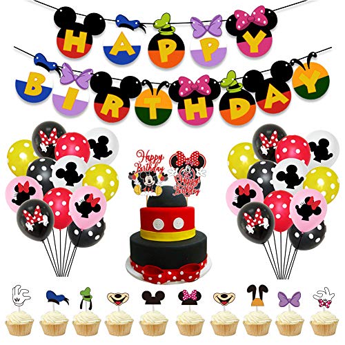 Decoraciones de cumpleaños de Mickey Mouse,39 PCS Banner de Happy Birthday adorno de pastel Globos de lunares para la fiesta temática de Mickey Mouse