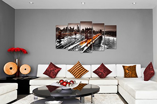 DekoArte 434 - Cuadros Modernos Impresión de Imagen Artística Digitalizada | Lienzo Decorativo Para Tu Salón o Dormitorio | Ciudades Nueva York Puente De Brooklyn Iluminado | 5 Piezas 200 x 100 cm XXL
