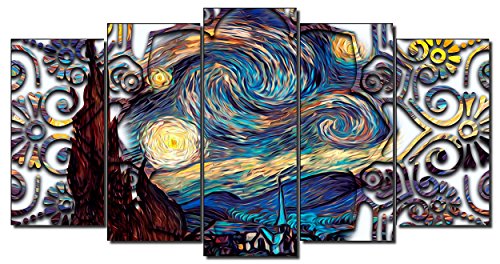 DekoArte 435- Cuadros Modernos Impresión de Imagen Artística Digitalizada | Lienzo Decorativo para Tu Salón o Dormitorio | Estilo Abstractos Arte Van Gogh La Noche Estrellada | 5 Piezas 200x100cm XXL