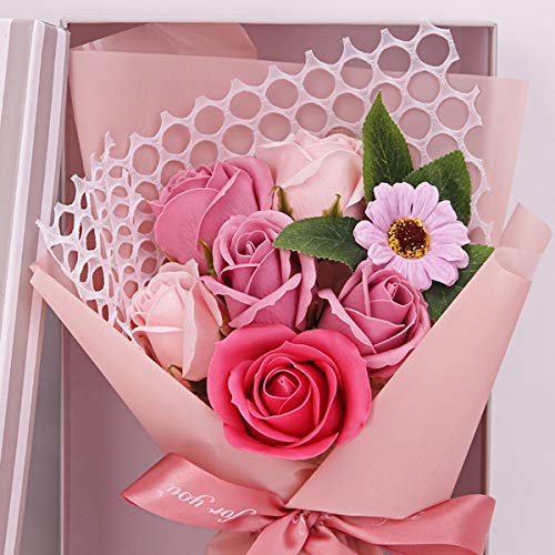 DERCLIVE Jabón Perfumado Flor Color de Rosa 7 Rosas Ramo de Flores Artificiales Regalo para Cumpleaños Día de San Valentín Día de La Madre Realista Como Rosas Recién Cortadas Del Jardín