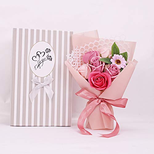 DERCLIVE Jabón Perfumado Flor Color de Rosa 7 Rosas Ramo de Flores Artificiales Regalo para Cumpleaños Día de San Valentín Día de La Madre Realista Como Rosas Recién Cortadas Del Jardín