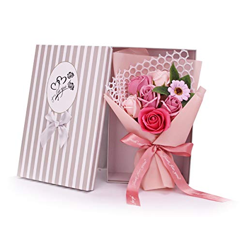 DERCLIVE Jabón Perfumado Flor Color de Rosa 7 Rosas Ramo de Flores Artificiales Regalo para Cumpleaños Día de San Valentín Día de La Madre Realista Como Rosas Recién Cortadas Del Jardín